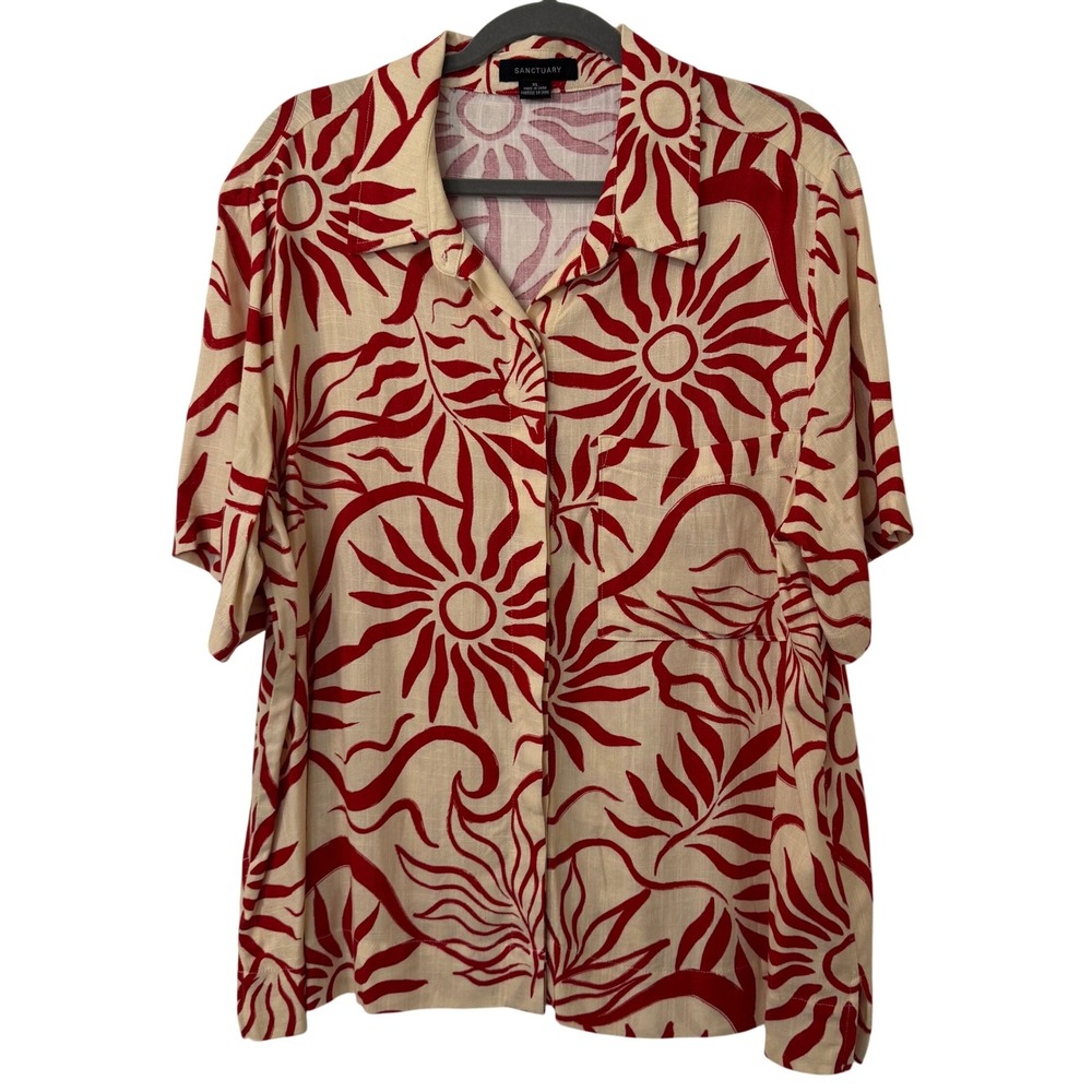Sanctuary Top Womens XL Red Cream Sun Seashells Abstract Linen Blend Button Up